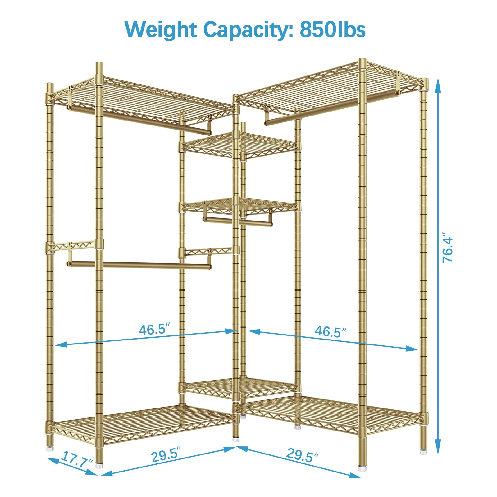 VIPEK L6 L Shaped Clothes Rack Heavy Duty Clothing Rack for Corner, 5-Tier Wire Garment Rack Metal Freestanding Closet with Adjustable Shelves, 46.5" L x 46.5" W x 76.4" H, Max Load 850LBS, Gold