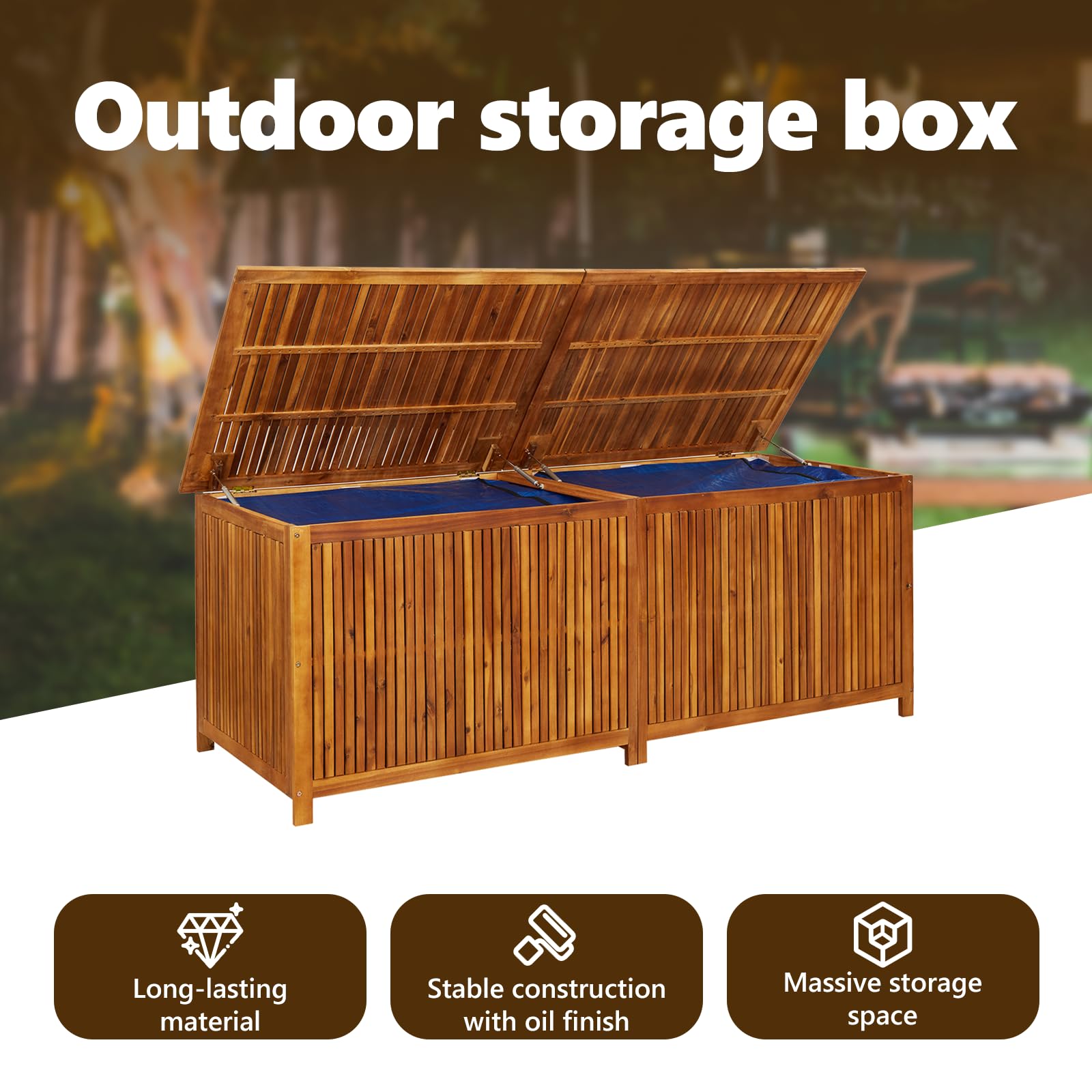 vidaXL Outdoor Storage Box, [Load Capacity Gallon] Deck Box with Gas-Lift Lid, Storage Chest with Water-Resistant Zippered Bag Inside, 78.7''x31.5''x29.5'', Solid Acacia Wood