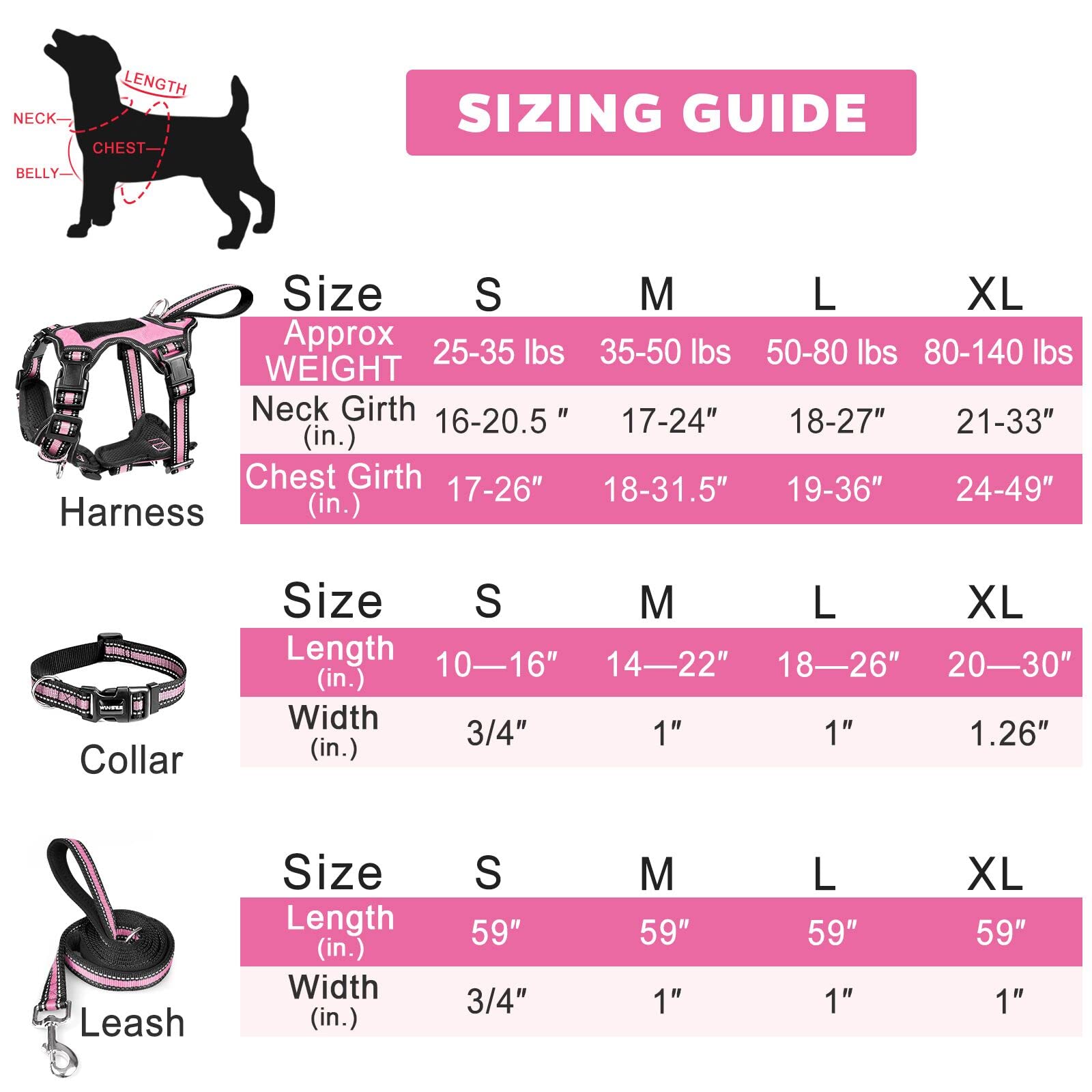 WINSEE Pet Harness Collar and Leash Set, All-in-one Reflective Dog Harness No Pull with Adjustable Buckles for Puppies, Small, Medium, Large, and Extra-Large Dogs (Large, Pink)