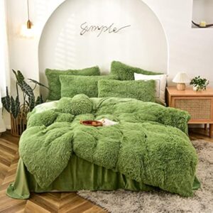 gusuhome fluffy duvet cover set full size green ultra soft shaggy fluffy comforter cover set fuzzy quilt cover set bedding set 3pcs (1duvet cover + 2pillow shams) with zipper closure avocado green