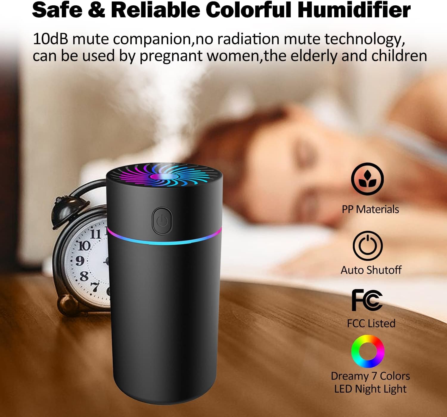 Humidifiers for Bedroom Portable Mini Humidifier with 7-color Lights, Auto Shut-Off Small Desk Humidifier [2 Mist Modes] Super Quiet USB Personal Humidifier for Bedroom, Car, Office, Travel, Plants