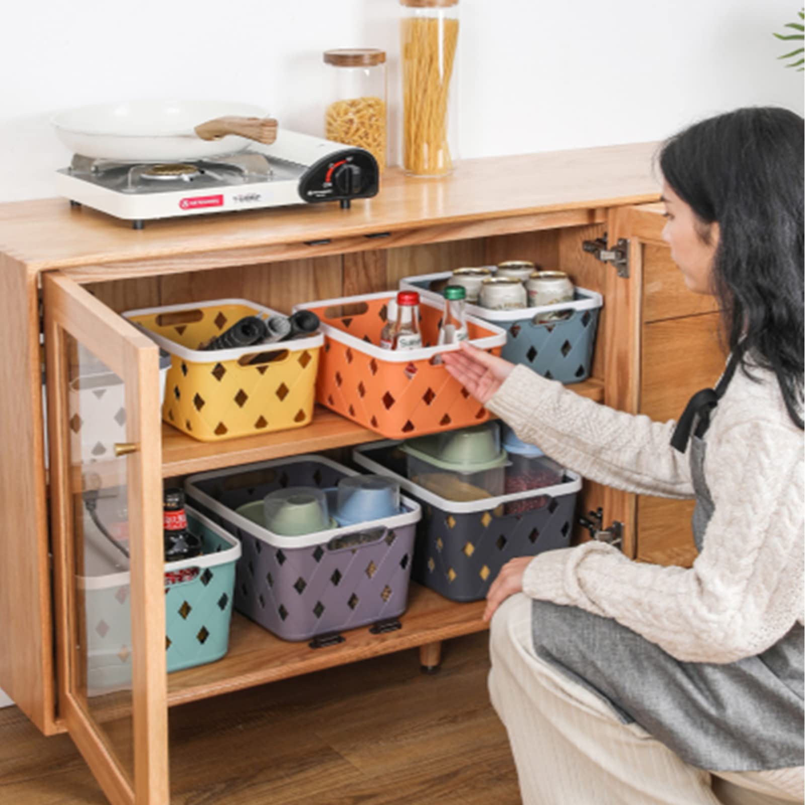 Lyellfe 5 Pack Plastic Storage Basket, Small Shelf Basket for Organizing, Pantry Organizer Basket with Handles, Heavy Duty Organizer Bins for Office, Classroom, School, Bedroom