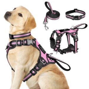 winsee pet harness collar and leash set, all-in-one reflective dog harness no pull with adjustable buckles for puppies, small, medium, large, and extra-large dogs (large, pink)