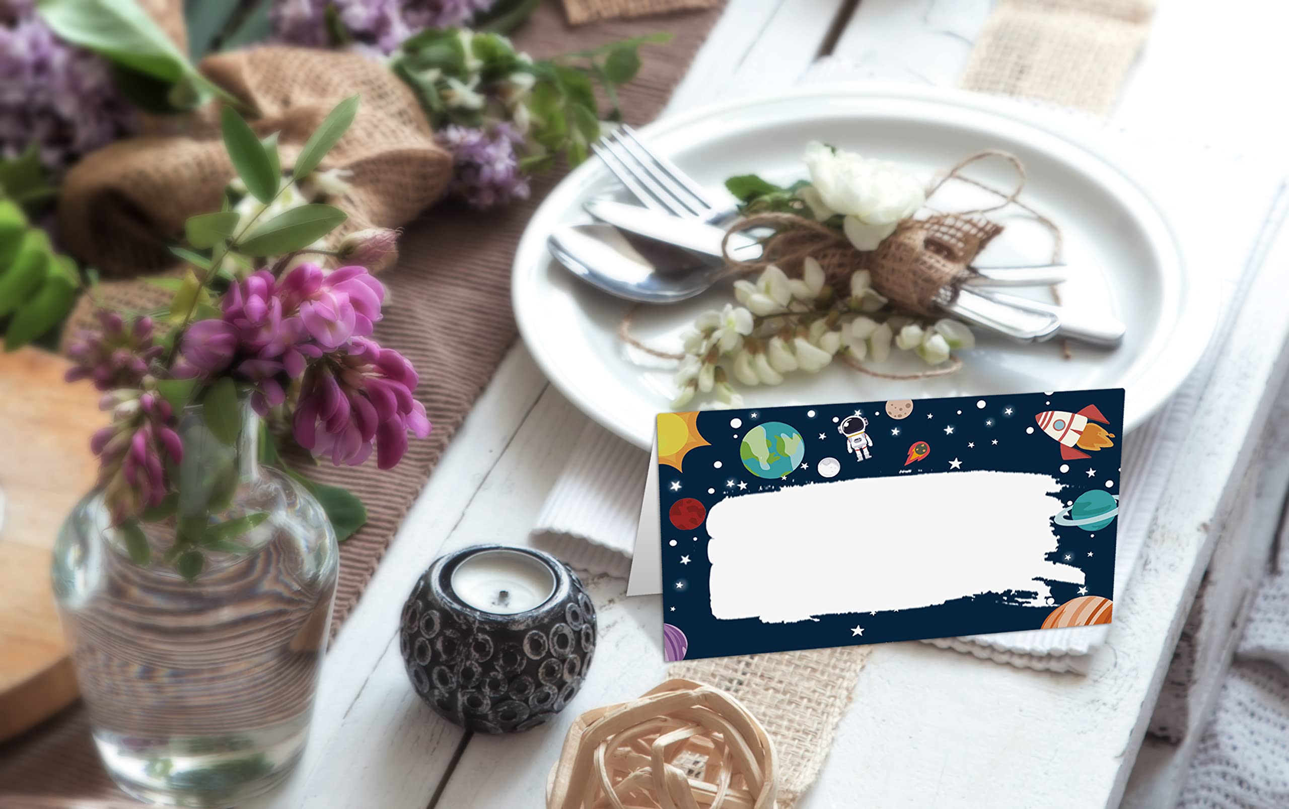 Place Cards for Wedding, Birthday Or Party, Outer Space, Uninerse Filled-In Name Place Cards, Foldover Seating Table Cards, 25 Pack, Folds into 3.5 * 2 Inches (zuoweika-A033)