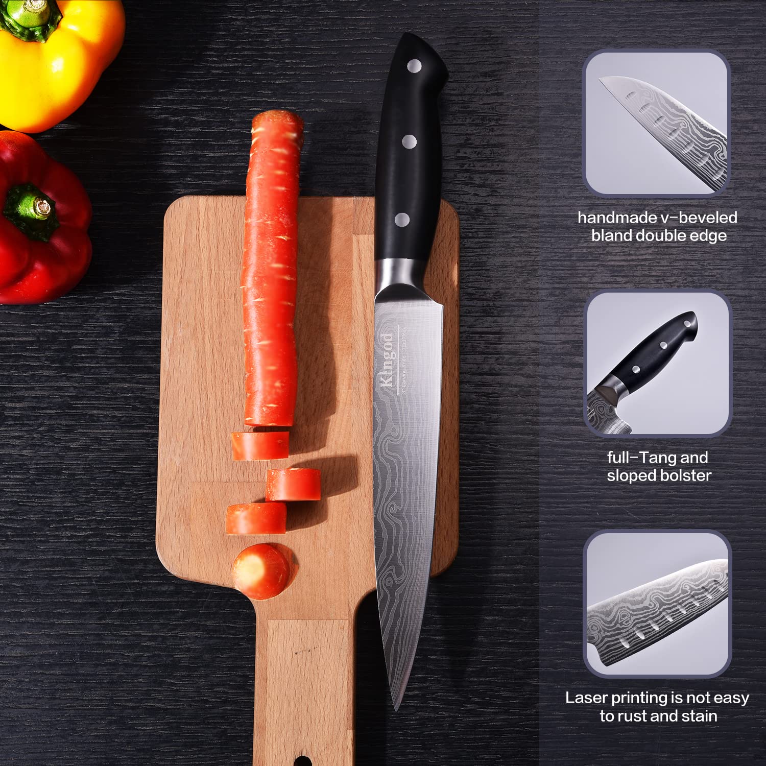 KINGOD Chef Knife Set Sharp Knife, German High Carbon Stainless Steel Kitchen Knife Set 4 PCS-8" Chefs Knife,Carving Knife &7" Santoku Knife&5" Utility Knife, Knives Set for Kitchen with Gift Box