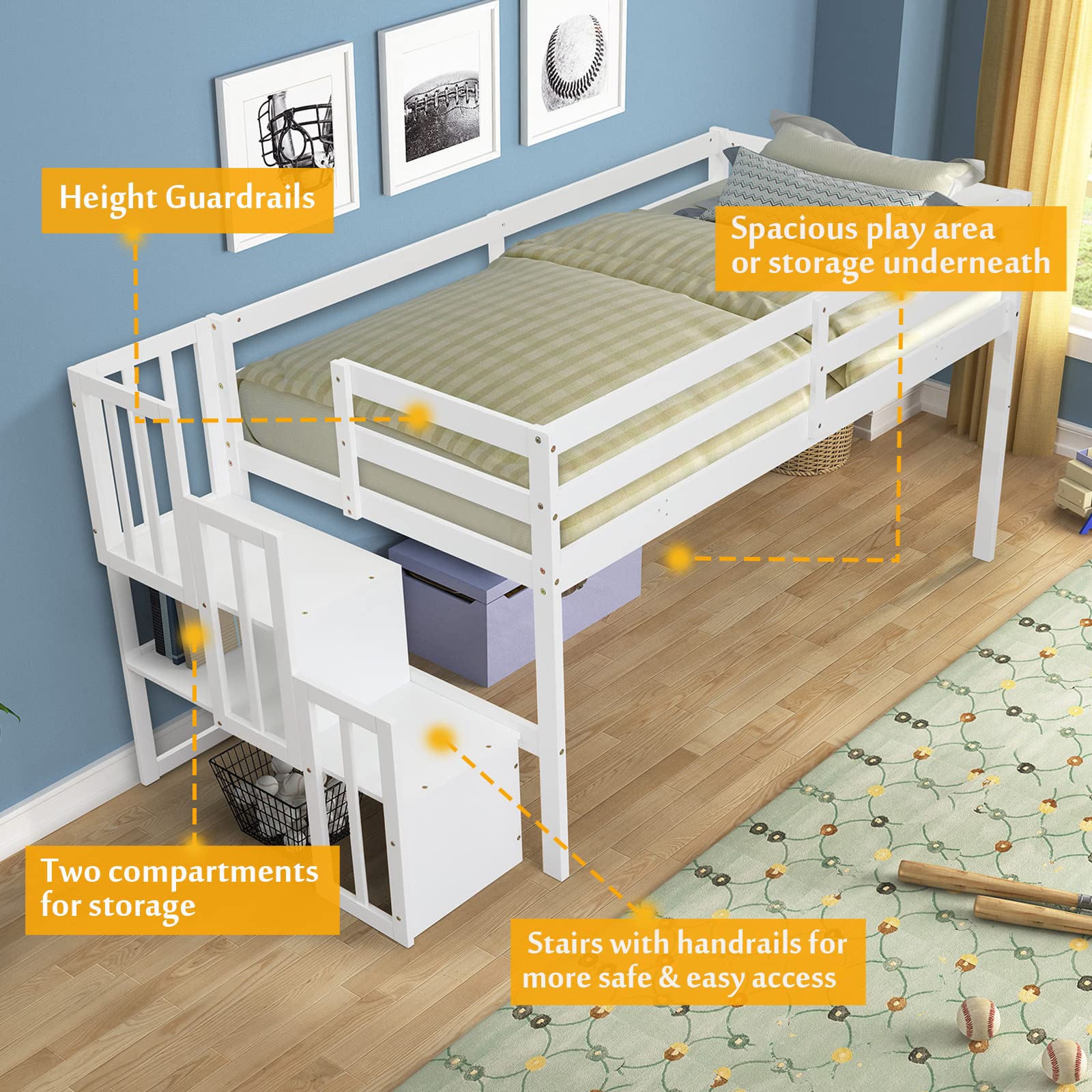 CITYLIGHT Low Loft Bed with Staircase,Twin Size Kids Loft Bed with Step Storage,Wood Loft Bed Frame Twin with Safety Guardrails for Girls, Boys,White