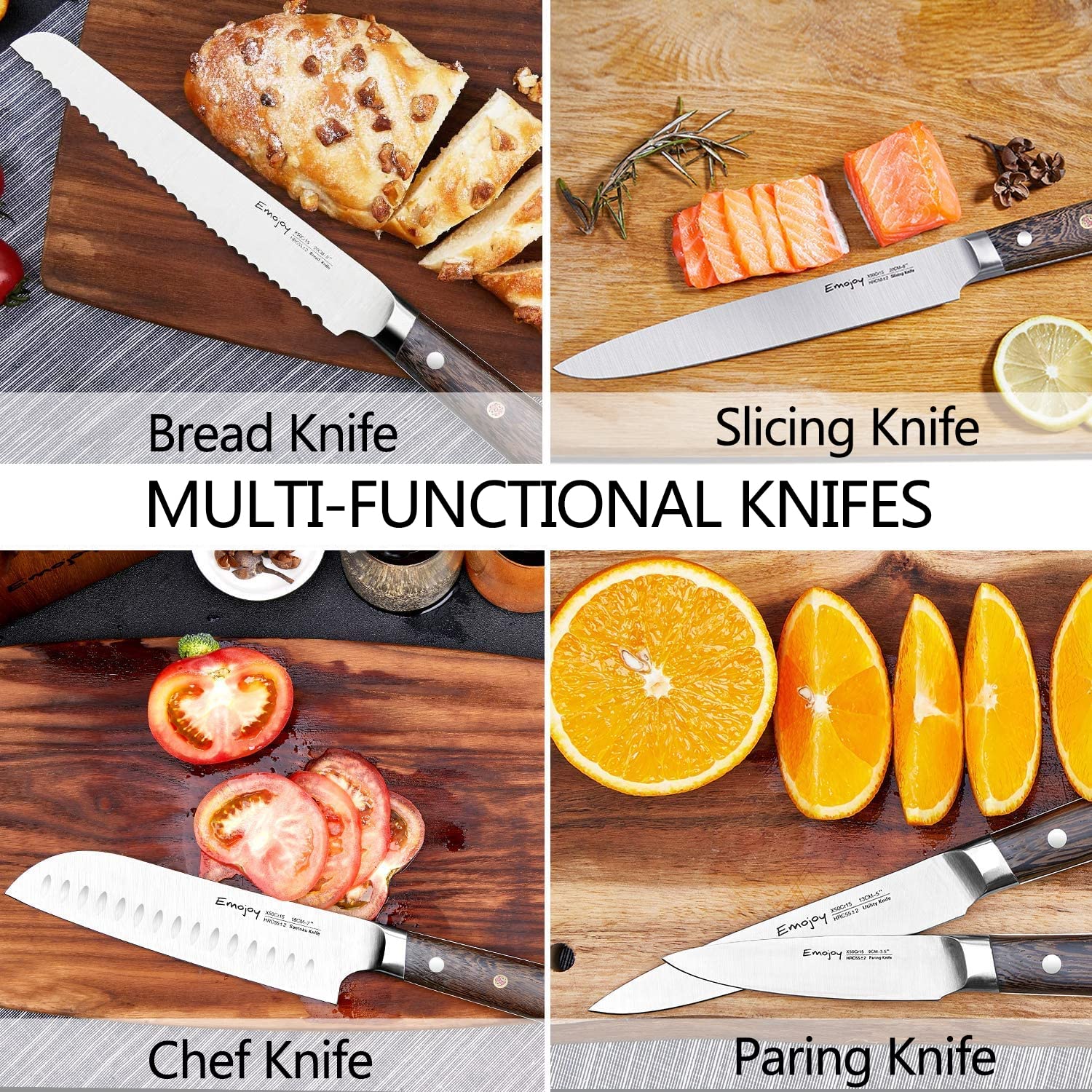 Emojoy Knife Set, 16 Pcs Kitchen Knife Set with Block, Chef Knife Set with sharpener, Stainless Steel Professional Knife for Kitchen