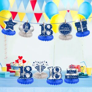 Kauayurk 8Pcs 18th Birthday Decorations Table Centerpiece Party Supplies, Blue Silver Happy 18 Year Old Birthday Honeycomb Centerpieces, Eighteen Birthday Table Topper Decor