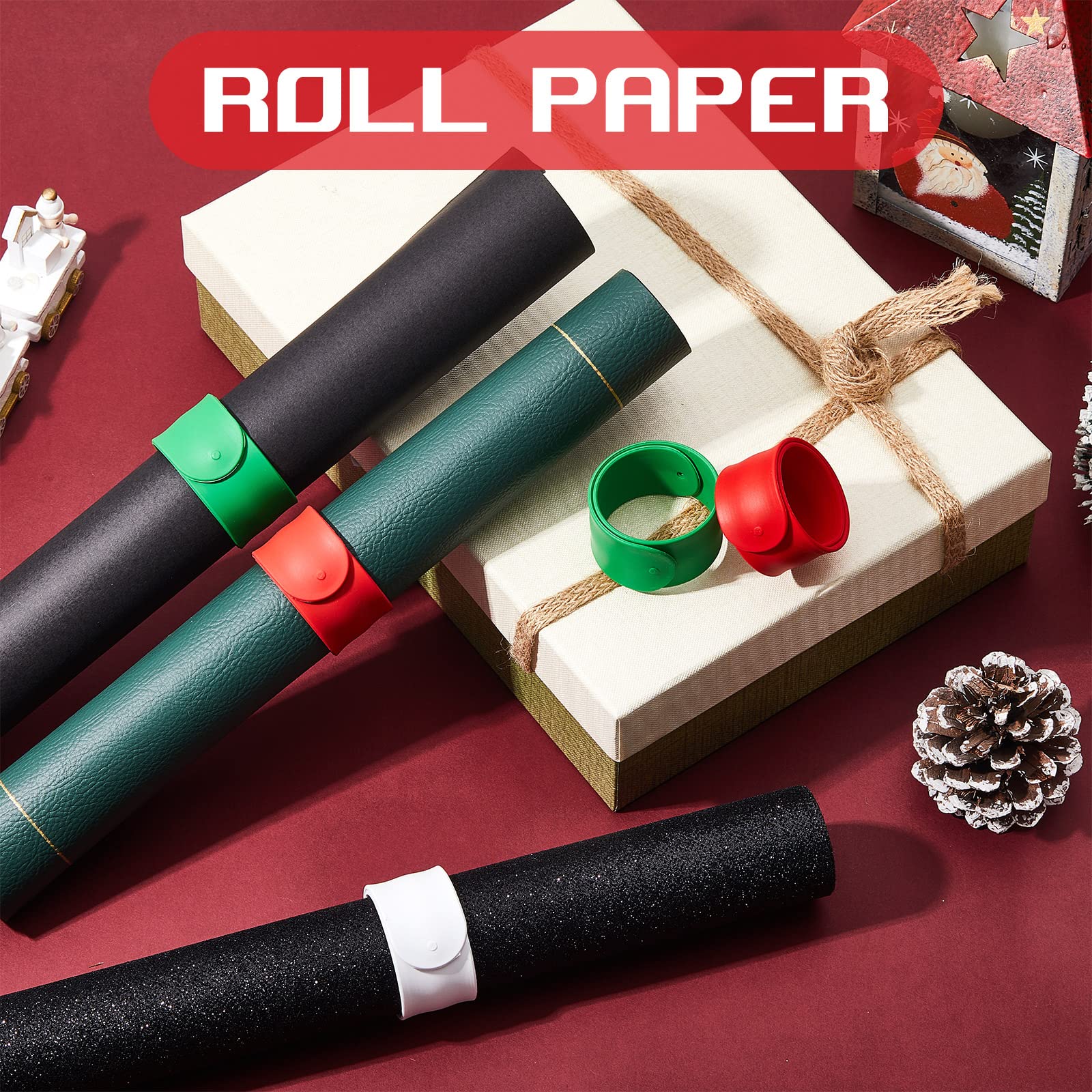 Charniol 12 Pieces Wrapping Paper Roll Holder Holiday Flip Wraps Silicone Covered Metal Strips Flip 1 x 9 Inch Poster Paper Roll Holder Stabilizer Slap Bands for Storage Organization White Red Green