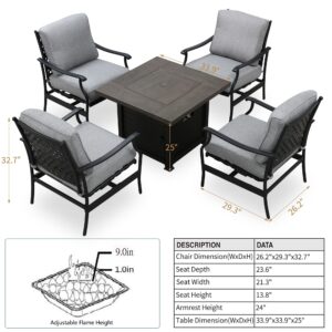 PatioFestival Patio Conversation Set Outdoor Furniture CSA Certification 50,000 BTU 33.9 Inch Propane Fire Pit Table Sets with Rocking Chairs Thick Cushions(5 Pcs,Grey)