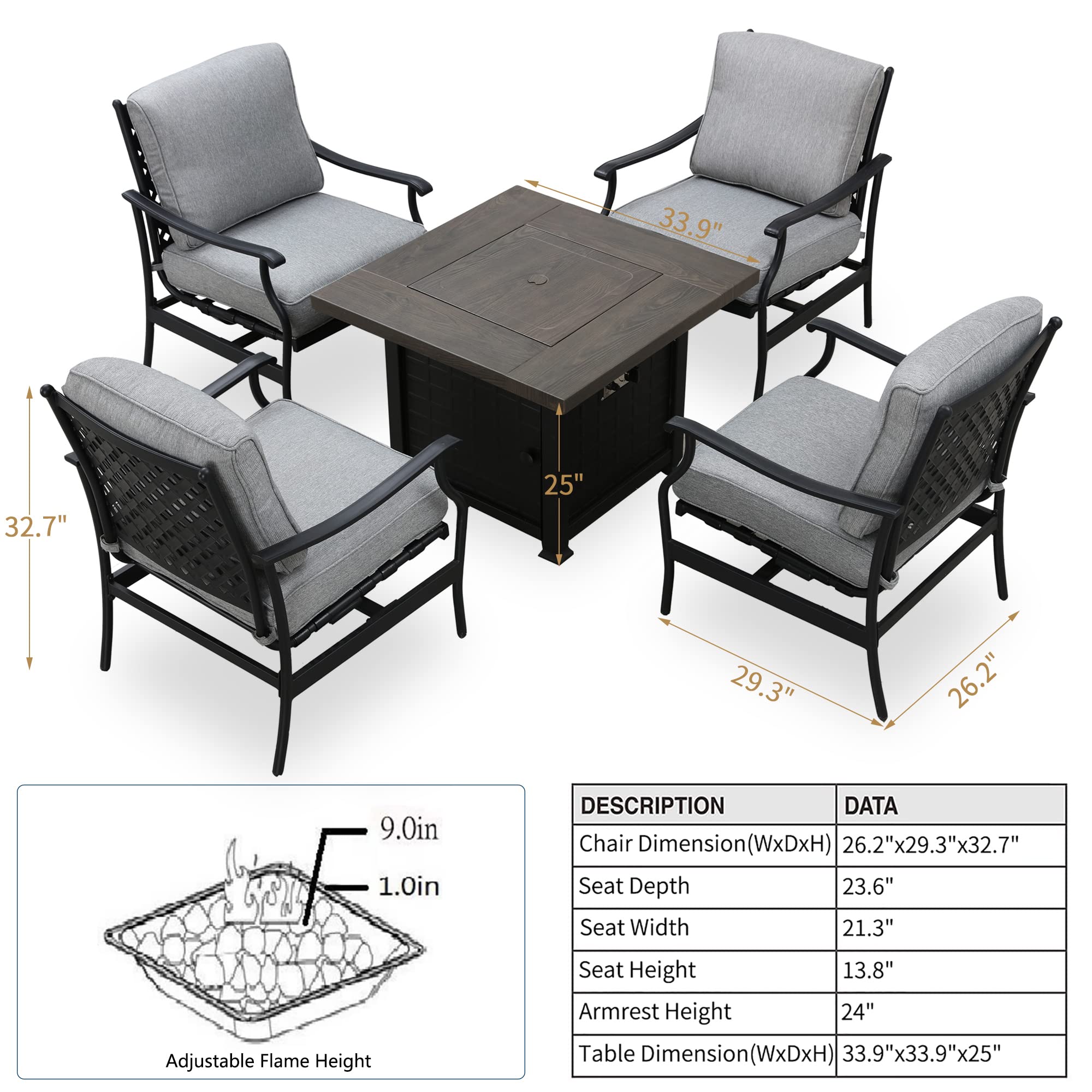 PatioFestival Patio Conversation Set Outdoor Furniture CSA Certification 50,000 BTU 33.9 Inch Propane Fire Pit Table Sets with Rocking Chairs Thick Cushions(5 Pcs,Grey)