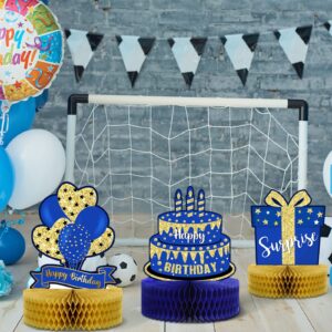 9 Pieces Blue Gold Birthday Table Decorations Happy Birthday Honeycomb Centerpieces Glitter Table Toppers, Blue and Gold Party Decorations for Kids Baby Shower, Men and Woman Birthday Supplies