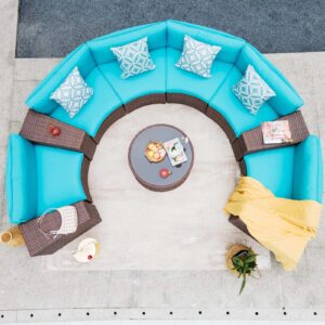 OC Orange-Casual 11 Pieces Sectional Outdoor Furniture, Half-Moon Curved Outdoor Sofa, All-Weather Brown Wicker with Round Coffee Table and Turquoise Cushions (Pillows & Waterproof Cover Included)