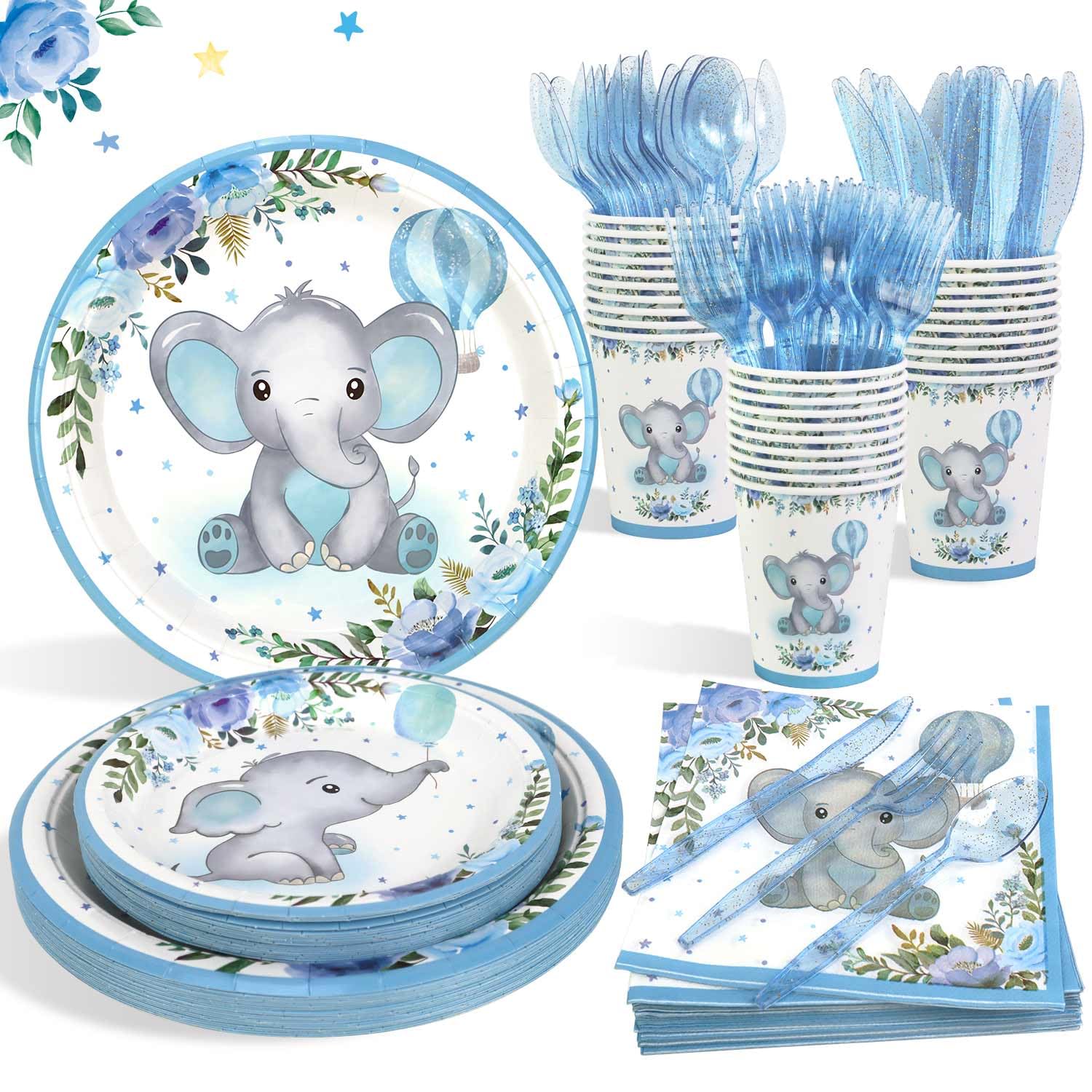 175Pcs Baby Boy Shower Decorations Plates Set for 25 Guests, Elephant Baby Shower Paper Plates Napkins Cups and Utensils Tableware Blue Floral Theme Birthday Party Supplies