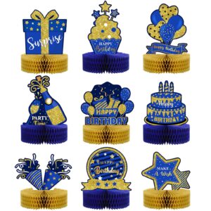 9 pieces blue gold birthday table decorations happy birthday honeycomb centerpieces glitter table toppers, blue and gold party decorations for kids baby shower, men and woman birthday supplies