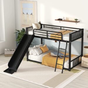 bellemave bunk bed with slide, metal twin over twin bunk bed with slide and ladder, made of heavy duty steel, for kids girls boys teens – black