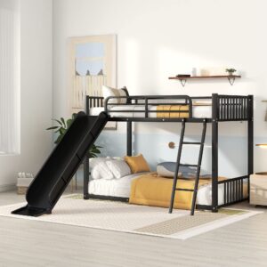 Bellemave Bunk Bed with Slide, Metal Twin Over Twin Bunk Bed with Slide and Ladder, Made of Heavy Duty Steel, for Kids Girls Boys Teens – Black