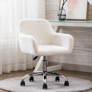 goujxcy fluffy desk chair, faux fur white vanity chair swivel office chair for girls women, height adjustable cute teddy furry makeup chairs for bedroom home office