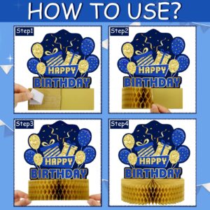 9 Pieces Blue Gold Birthday Table Decorations Happy Birthday Honeycomb Centerpieces Glitter Table Toppers, Blue and Gold Party Decorations for Kids Baby Shower, Men and Woman Birthday Supplies