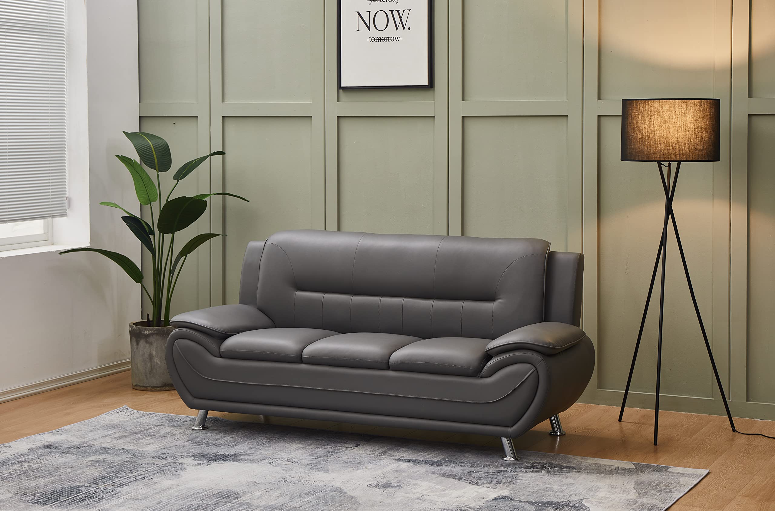 Kingway Faux Leather Living Room Sofas, 3 SEAT, Gray