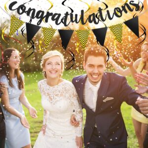 Glitter Congratulations Banner Triangle Flag Banner with 12 Pieces Hanging Swirls for Wedding Retirement Graduation Anniversary Party Decorations (Black, Gold)