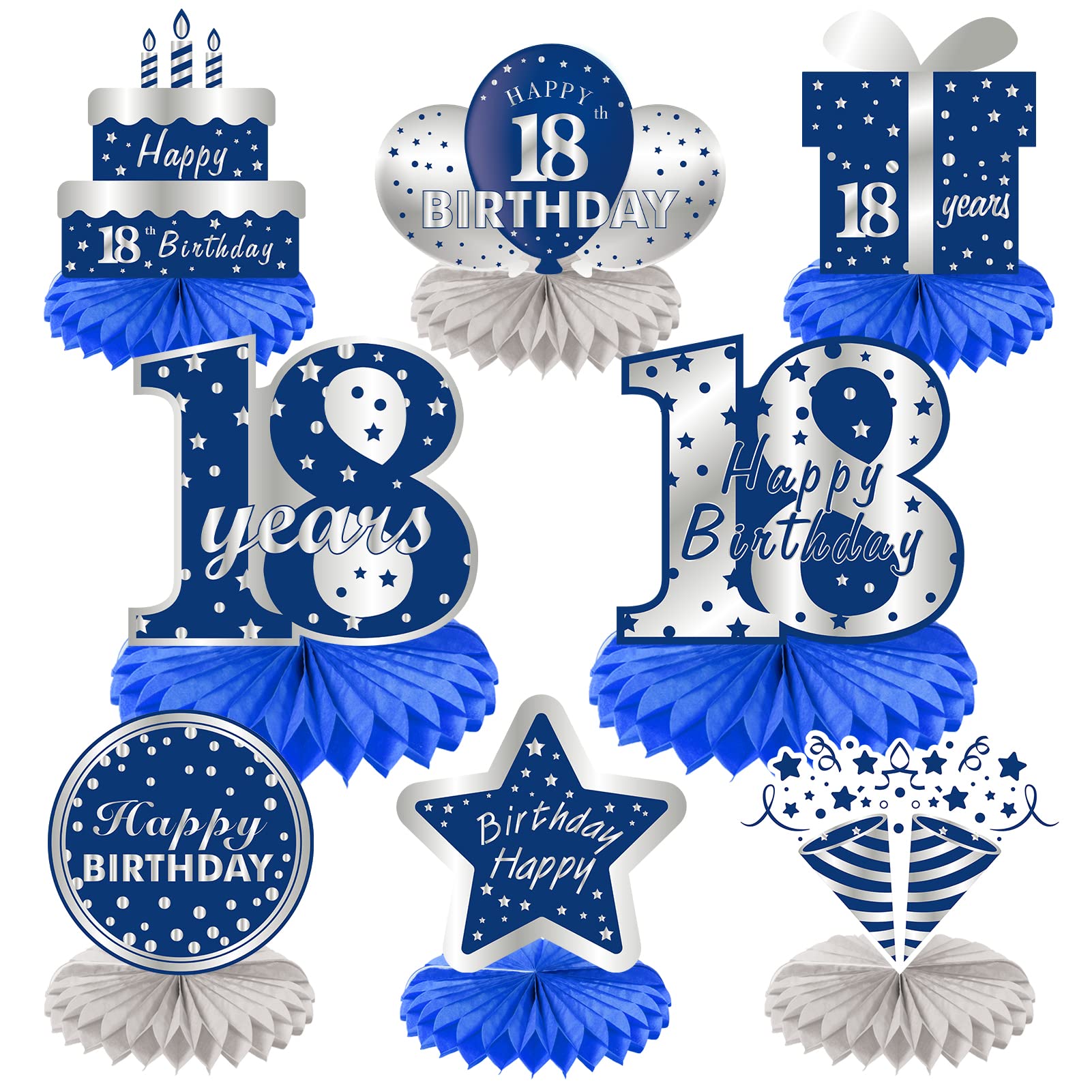 Kauayurk 8Pcs 18th Birthday Decorations Table Centerpiece Party Supplies, Blue Silver Happy 18 Year Old Birthday Honeycomb Centerpieces, Eighteen Birthday Table Topper Decor