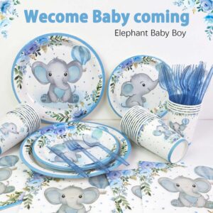 175Pcs Baby Boy Shower Decorations Plates Set for 25 Guests, Elephant Baby Shower Paper Plates Napkins Cups and Utensils Tableware Blue Floral Theme Birthday Party Supplies