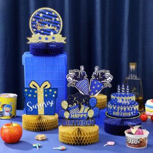 9 Pieces Blue Gold Birthday Table Decorations Happy Birthday Honeycomb Centerpieces Glitter Table Toppers, Blue and Gold Party Decorations for Kids Baby Shower, Men and Woman Birthday Supplies