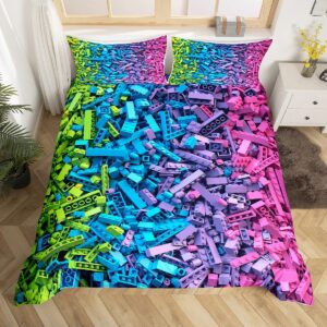 erosebridal colorful toy bedding set building blocks pattern duvet cover kids boys toy bricks comforter cover set twin size fun brick bedspread cover gradient rainbow bedroom decor,green teal purple