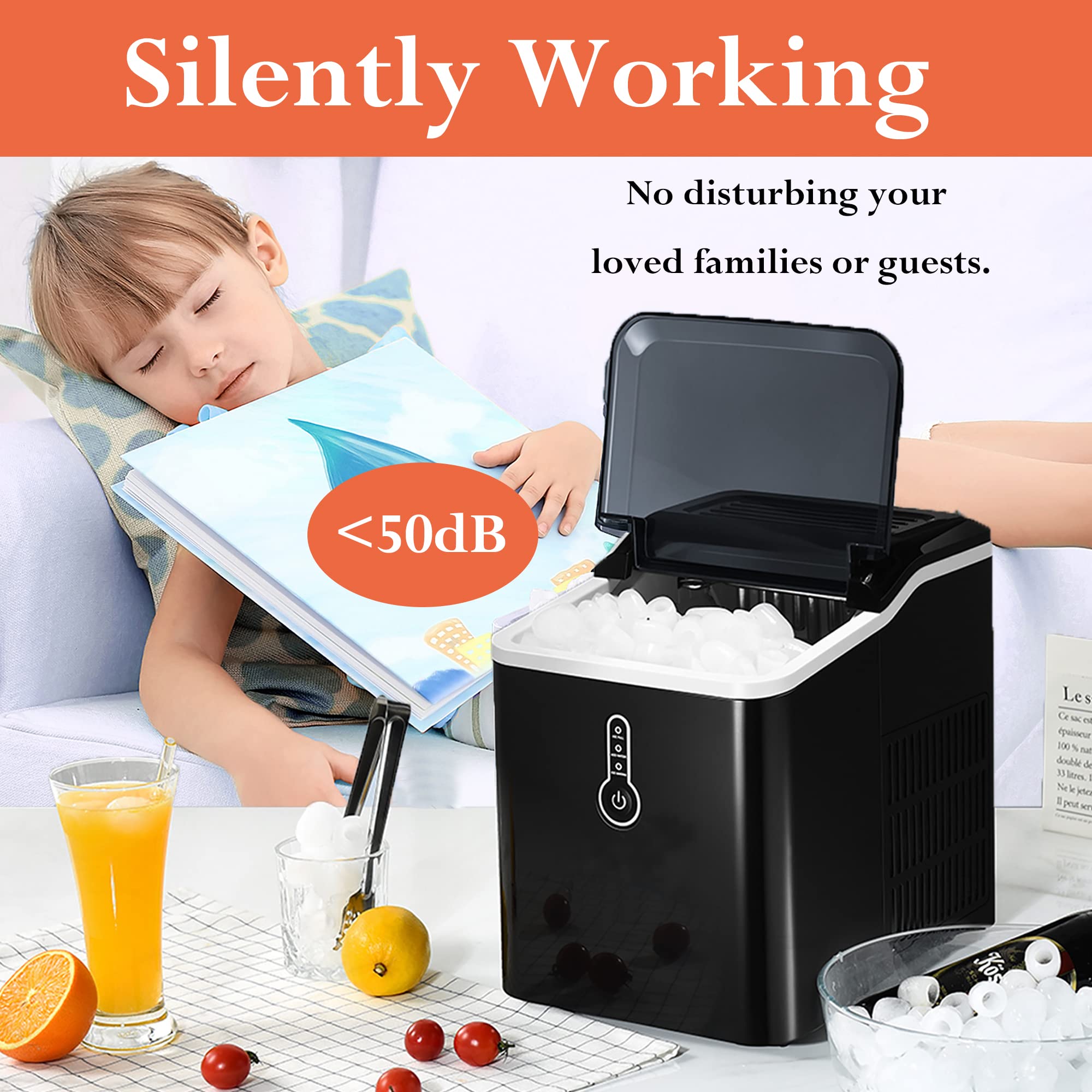 Vestynska 26lbs Ice Maker Countertop, Portable Machine, Self-Cleaning, 9 Cubes Ready in 8 Mins, Mini 1.5L Capacity, Compact Electric Maker, Scoop & Basket, Bullet-Shape, for Camping/RV/Party Black