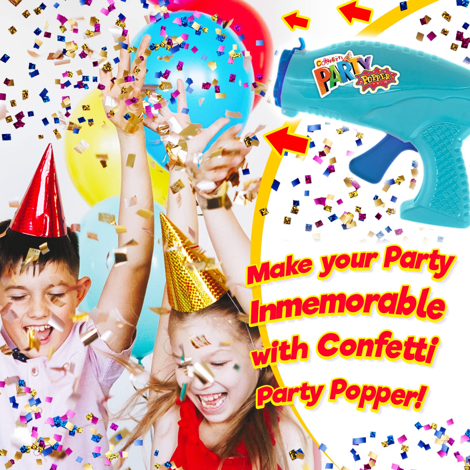 Confetti Party Poppers Gun Party Supplies (1 Gun 4 Shots) Plus Sticker Reusable Multicolor Metallic Confetti Poppers Gun Confetti Gun Party Favors Kids & Adults Birthday Parties Crazy Hour Fun 955-1s