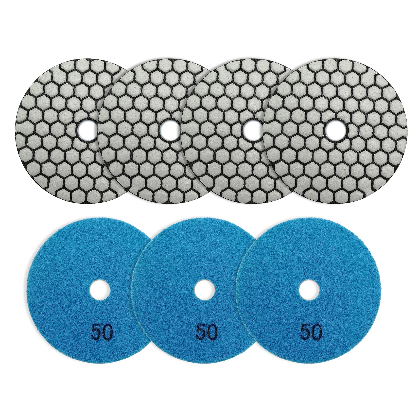 BRSCHNITT Dry Diamond Polishing Pad Set,7pcs 4 inch #50 for Stone Marble Quartz Granite Sanding Disc Countertop Polish Polisher Pads Kit Tools used on Grinder or Polisher