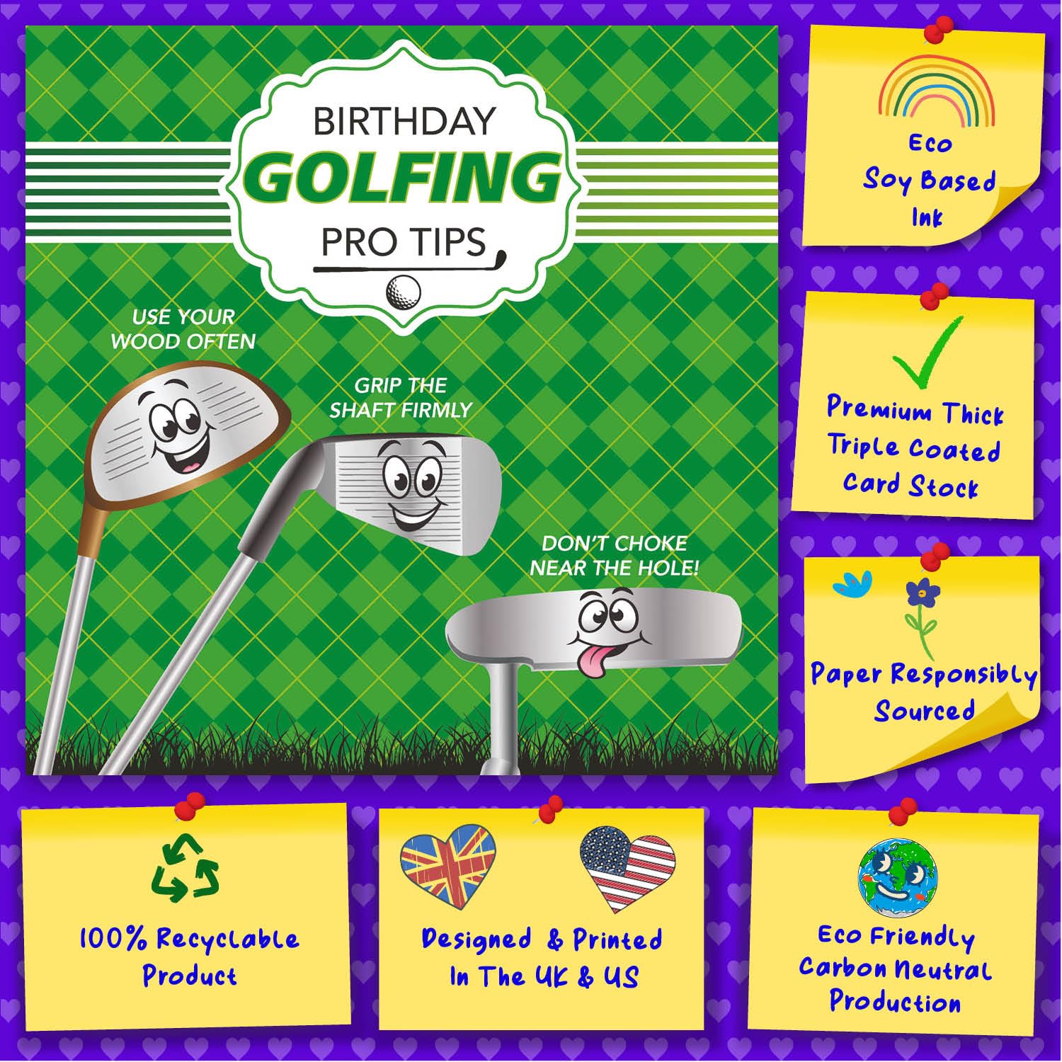 Cult Kitty Birthday Golfing Tips - Funny Golf Birthday Card for Men - Thick, Premium Birthday Card for Men, Great Golf or Golfer Card with Colourful Envelope