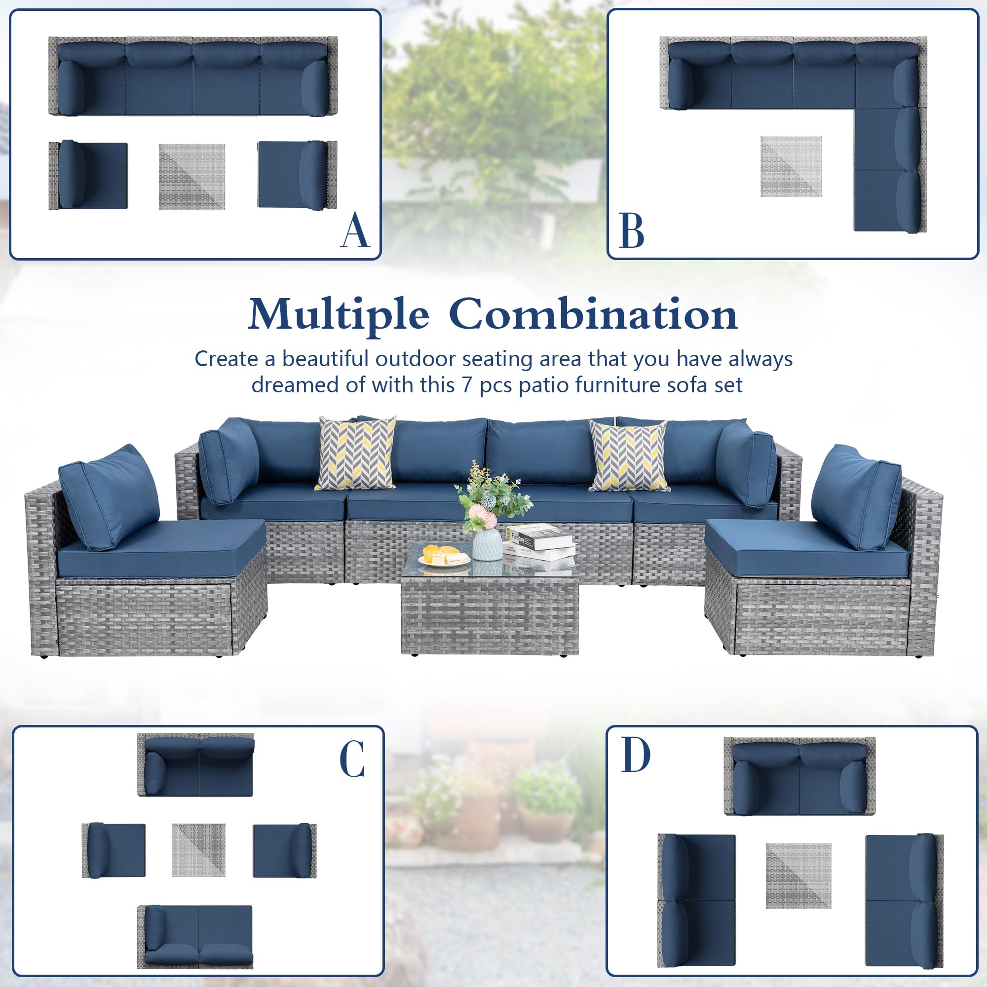 JAMFLY Wicker Patio Furniture 7 Pieces Conversation Sets, Outdoor Rattan Patio Sofa Porch Furniture Set with Washable Cushions and Glass Coffee Table (Aegean Blue)