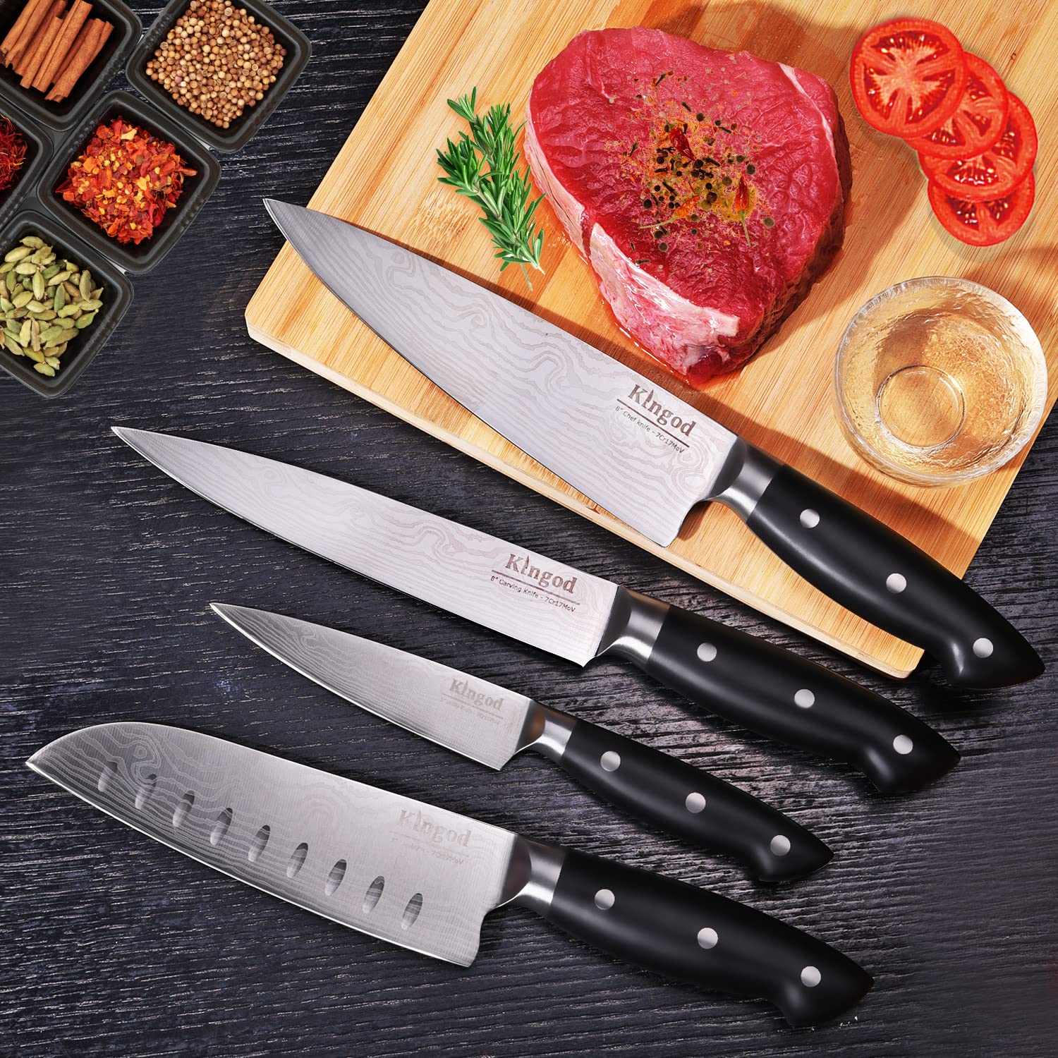 KINGOD Chef Knife Set Sharp Knife, German High Carbon Stainless Steel Kitchen Knife Set 4 PCS-8" Chefs Knife,Carving Knife &7" Santoku Knife&5" Utility Knife, Knives Set for Kitchen with Gift Box