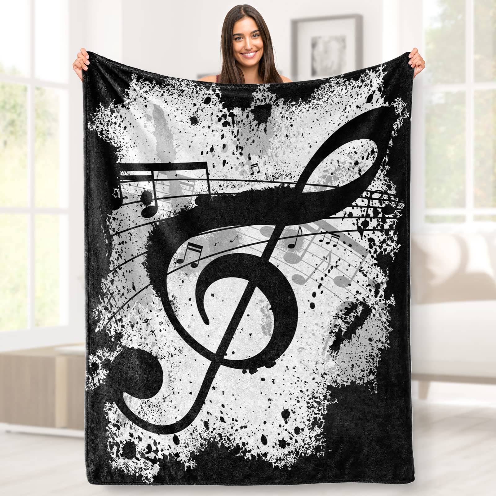 Throw Blankets Music Note Gift, Double-Sided Premium Soft Blanket for Adult Kids, Lightweight Cozy Flannel Musical Gifts Blanket for Bed Sofa Home Office Arts Decor (White and Black) 50x60 inch