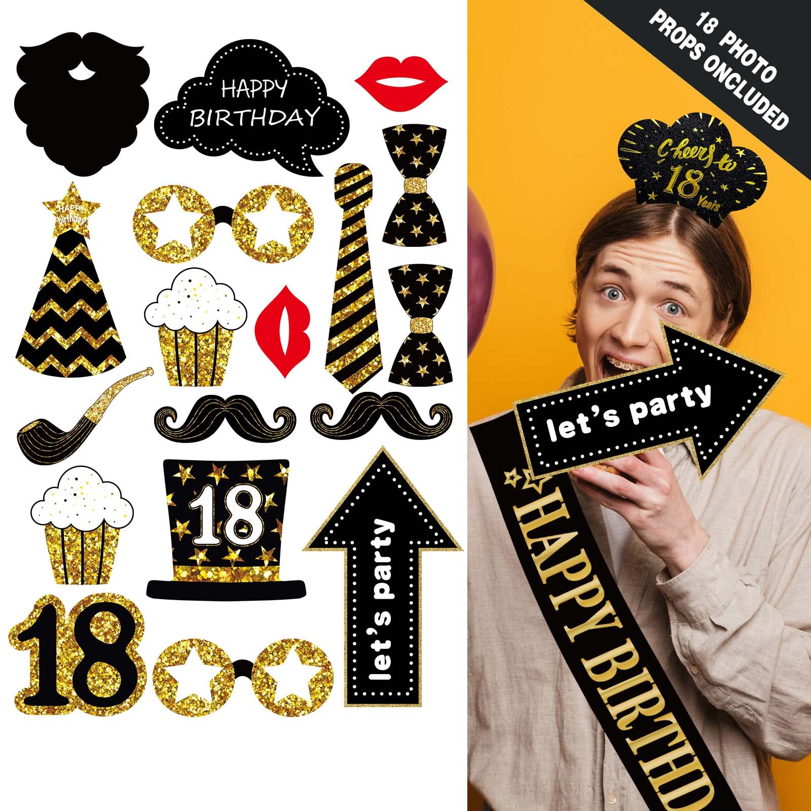 18th birthday decorations for boys girls,(76pack) black gold party Banner, Pennant, Hanging Swirl, birthday balloons, Tablecloths, cupcake Topper, Crown, Photo Props, Birthday Sash for men gift