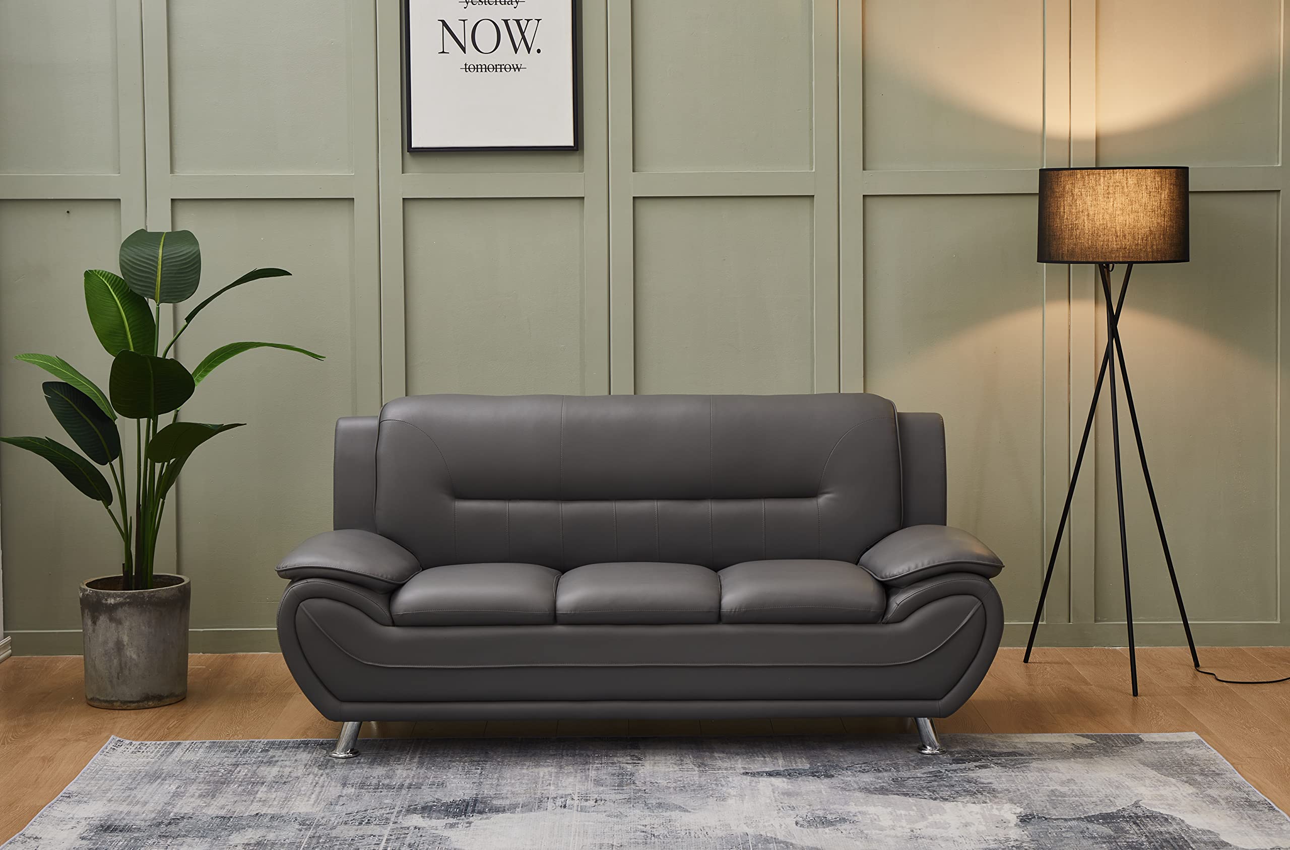 Kingway Faux Leather Living Room Sofas, 3 SEAT, Gray