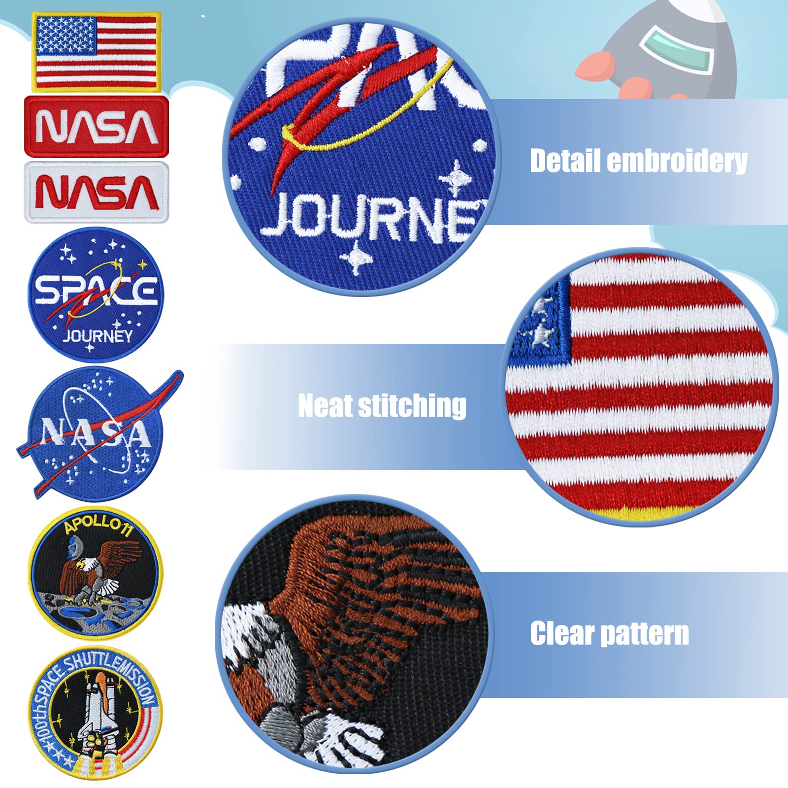 7pcs NASA Patch, Iron On Patches Space Badge Sew On Space Shuttle Embroidered and US Flag Patches for Jackets Backpacks Caps Hats Bags Clothing