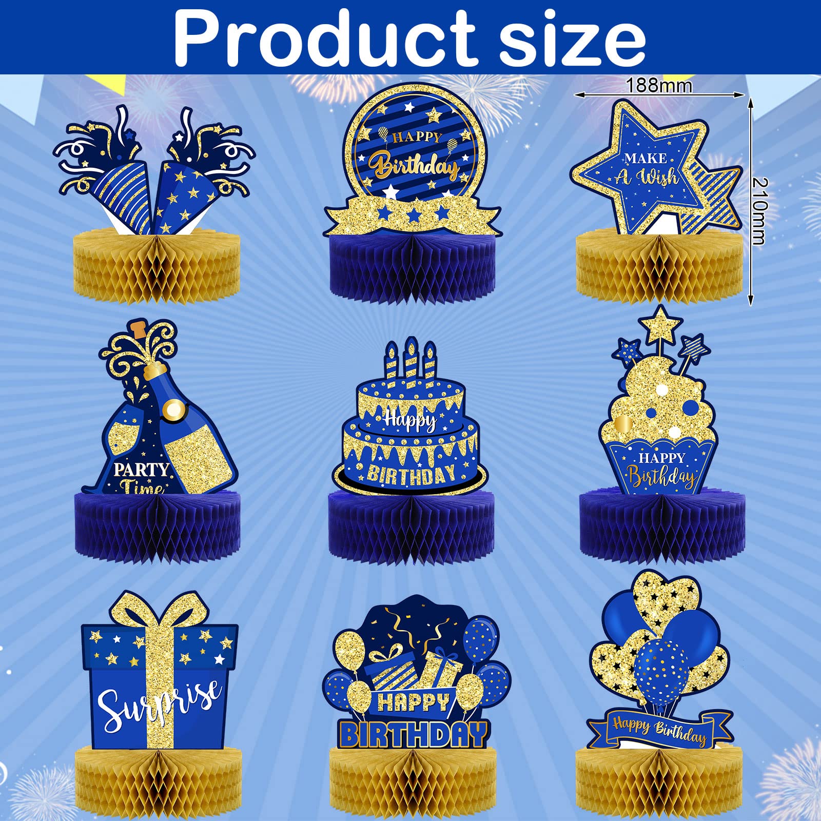 9 Pieces Blue Gold Birthday Table Decorations Happy Birthday Honeycomb Centerpieces Glitter Table Toppers, Blue and Gold Party Decorations for Kids Baby Shower, Men and Woman Birthday Supplies