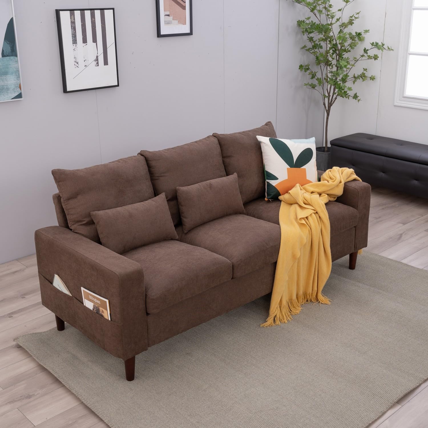 Panana 3 Seat Upholstered Fabric Sofa Small Couch Modular Sofa for Small Space, Apartment (Brown)