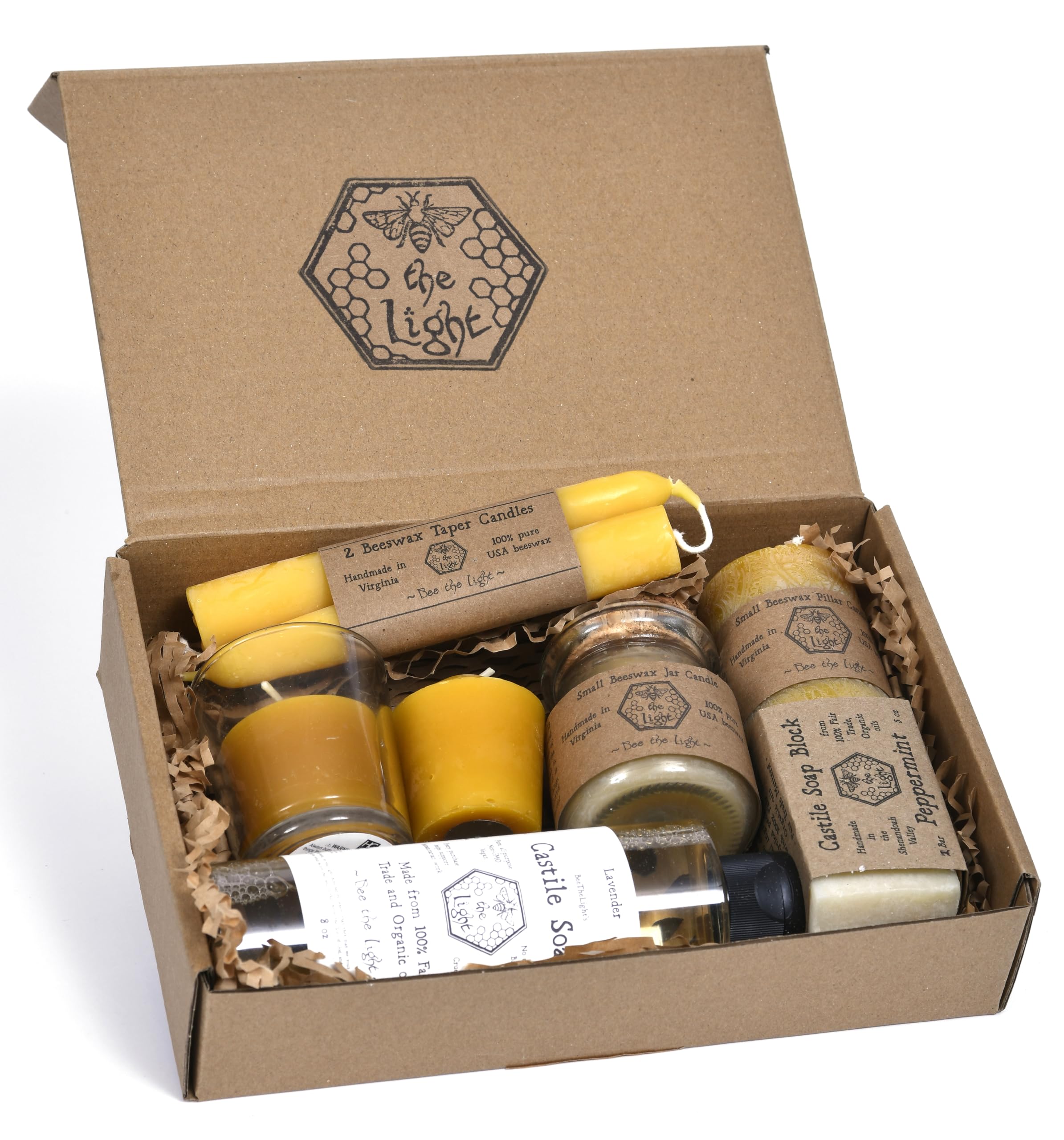 BeeTheLight Beeswax Candle and Castile Soap Gift Box - Choose from Small, Medium, or Large - Essential Oil Scented Bar and Liquid Soaps - Tapers, Pillars, Jars and Votives (Medium)