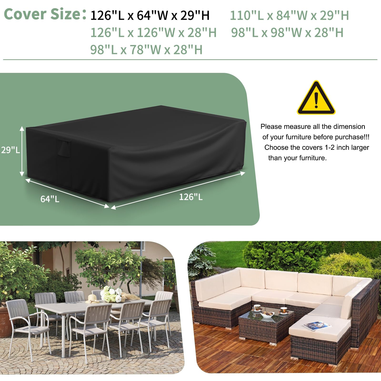 Patio Furniture Covers, Waterproof Outdoor Sectional Cover, 500D Heavy Duty Outdoor Furniture Cover, Rectangular Patio Covers for Outdoor Furniture Set, 126"X64"X28" -Black