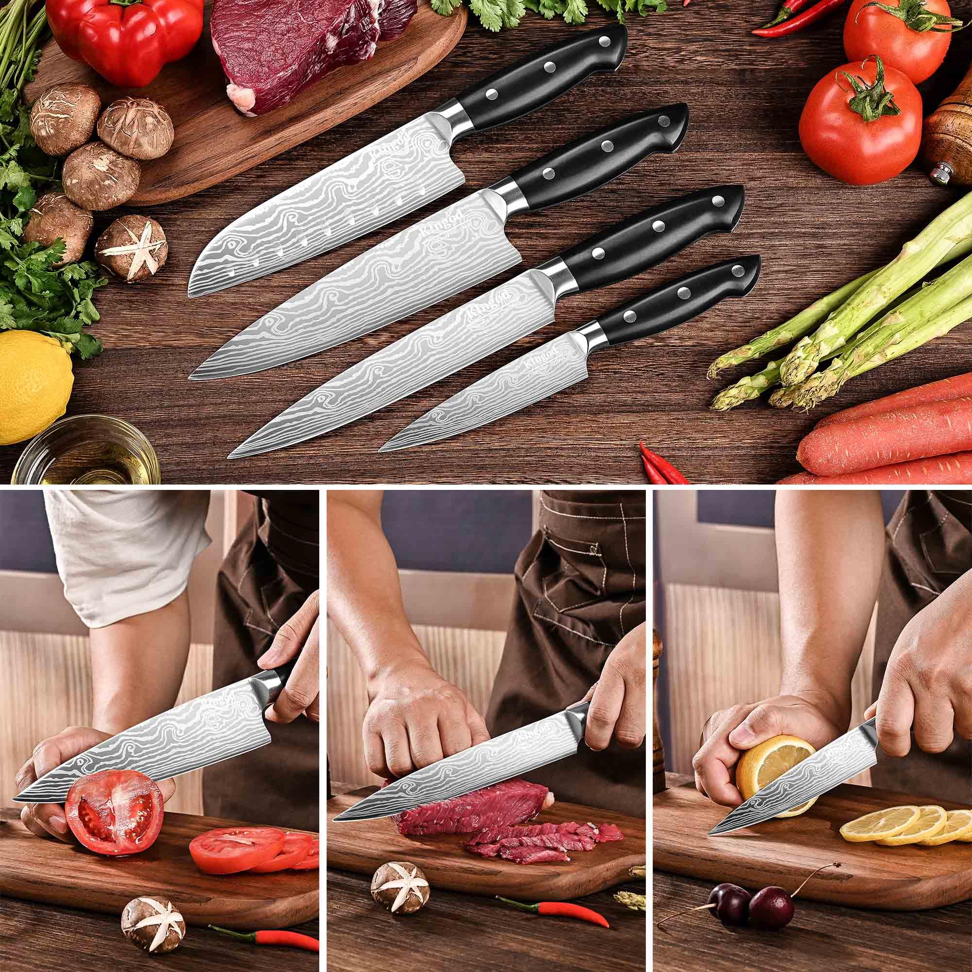 KINGOD Chef Knife Set Sharp Knife, German High Carbon Stainless Steel Kitchen Knife Set 4 PCS-8" Chefs Knife,Carving Knife &7" Santoku Knife&5" Utility Knife, Knives Set for Kitchen with Gift Box