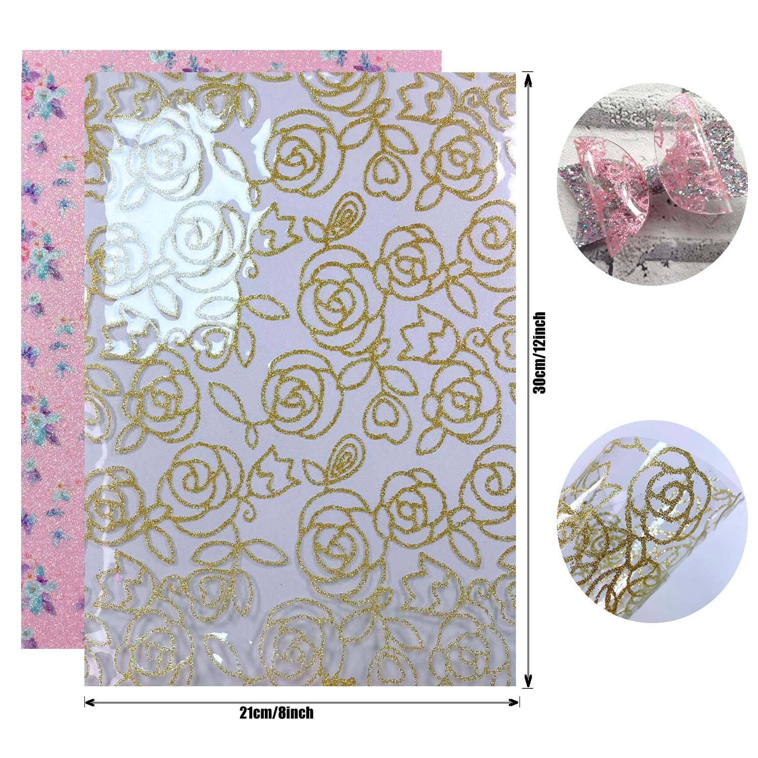 Shalun 12 pcs/Pack A4 Floral Printed Glitter Faux Leather Fabric Sheets Rainbow Gold Rose Flower Pattern Glossy Mirror Transparent PVC Vinyl for Cricut Maker Jewelry Making 8x12 inch