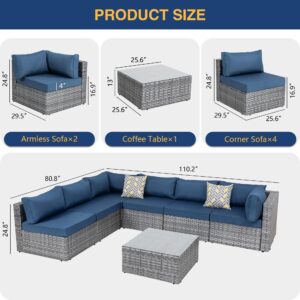 JAMFLY Wicker Patio Furniture 7 Pieces Conversation Sets, Outdoor Rattan Patio Sofa Porch Furniture Set with Washable Cushions and Glass Coffee Table (Aegean Blue)