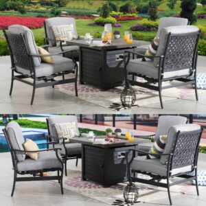 PatioFestival Patio Conversation Set Outdoor Furniture CSA Certification 50,000 BTU 33.9 Inch Propane Fire Pit Table Sets with Rocking Chairs Thick Cushions(5 Pcs,Grey)