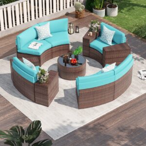 OC Orange-Casual 11 Pieces Sectional Outdoor Furniture, Half-Moon Curved Outdoor Sofa, All-Weather Brown Wicker with Round Coffee Table and Turquoise Cushions (Pillows & Waterproof Cover Included)