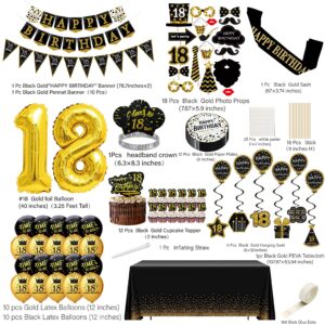 18th birthday decorations for boys girls,(76pack) black gold party Banner, Pennant, Hanging Swirl, birthday balloons, Tablecloths, cupcake Topper, Crown, Photo Props, Birthday Sash for men gift