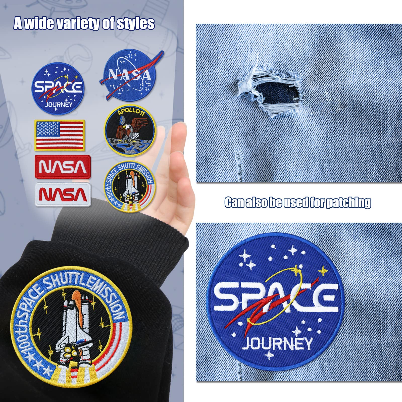 7pcs NASA Patch, Iron On Patches Space Badge Sew On Space Shuttle Embroidered and US Flag Patches for Jackets Backpacks Caps Hats Bags Clothing